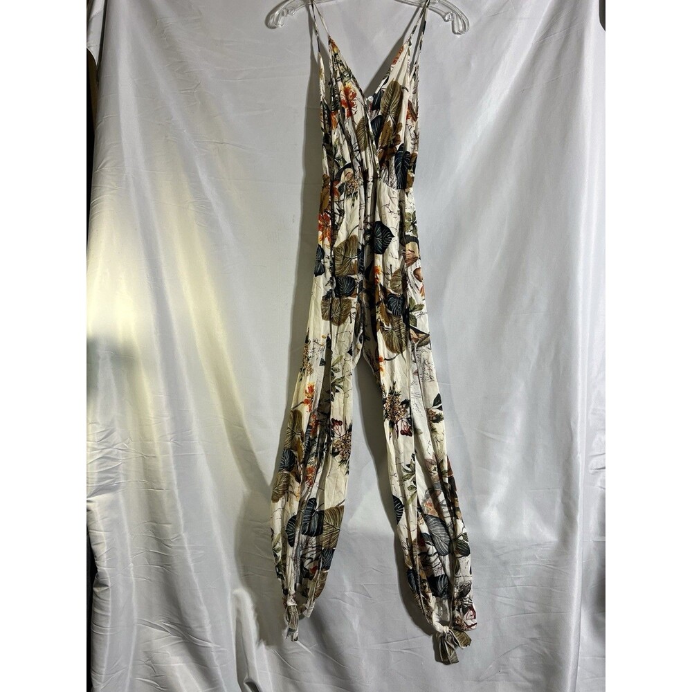 Jumpsuit Woman's S Ivory Floral Cotton Casual Summer Split Legs Elastic Waist
